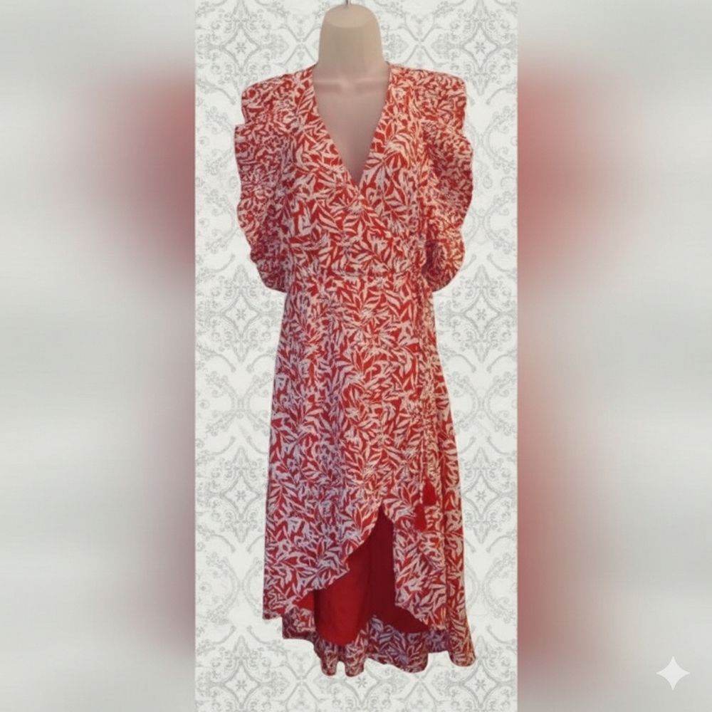 INA Red & White Leaf Print Wrap Midi Dress with Ruffle Sleeves Size Medium